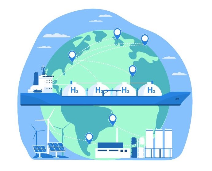 Conceptual illustration of using and transporting hydrogen for energy with globe, ship, hydrogen liquefaction plant, solar panels, wind turbines (credit: lyudinka/adobestock) 
