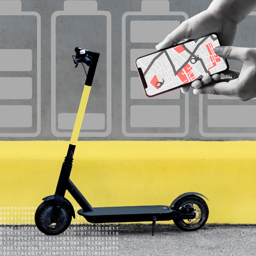 Photo illustration with electric scooter, smartphone app, battery charge icons