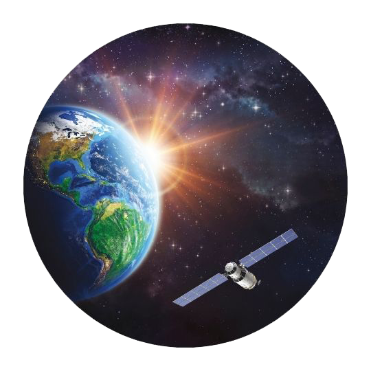 Circular illustration of a satellite orbiting the Earth with the sun in the background