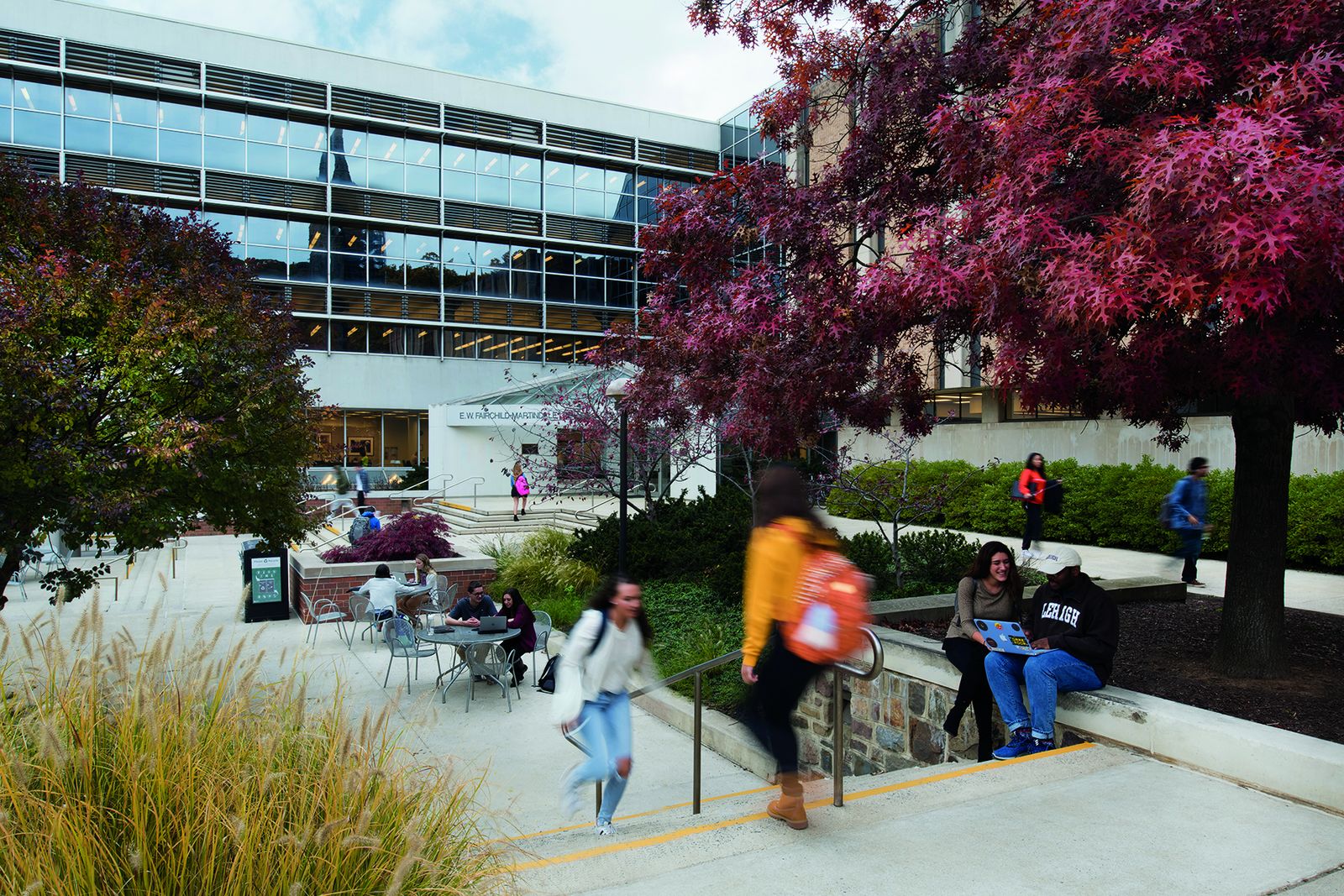 Students outside a Lehigh University academic building on the Asa Packer campus