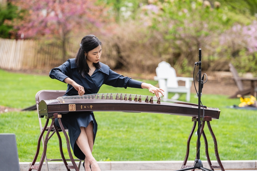 A guzheng performance at an outdoor Lehigh campus cultural celebration