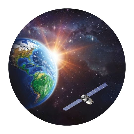 Circular illustration of a satellite orbiting the Earth with the sun in the background