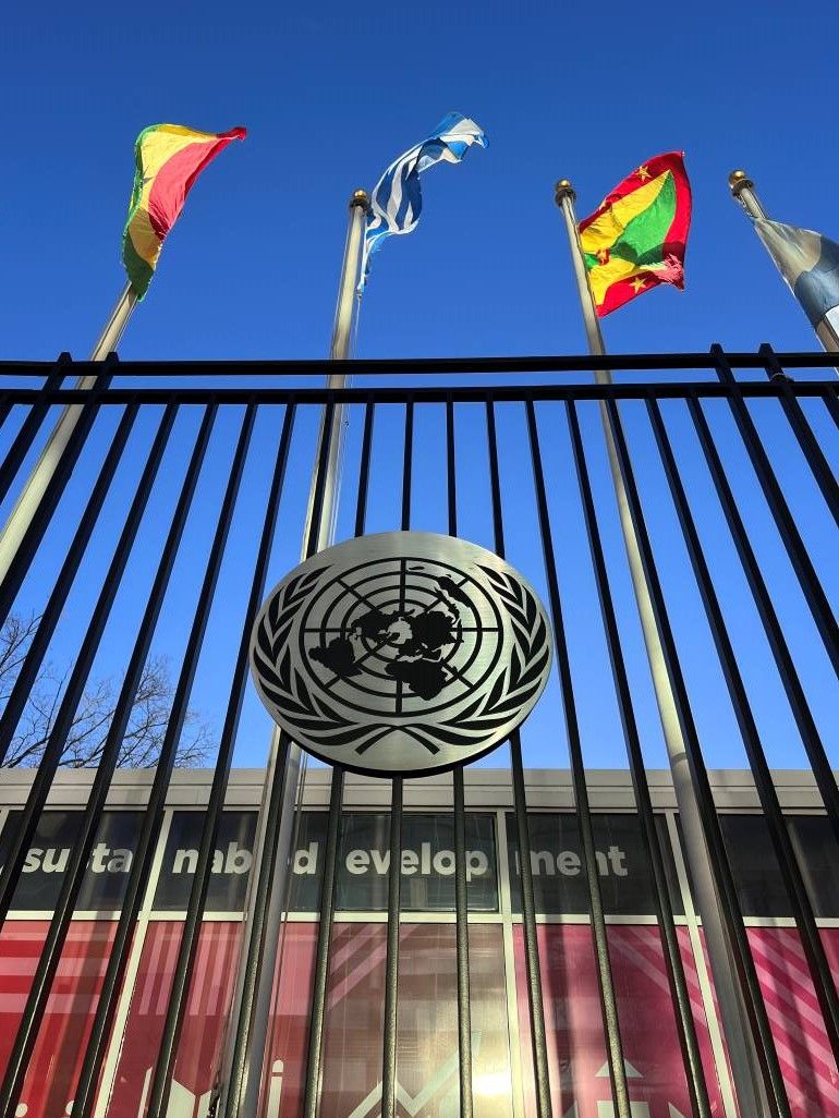 UN gate with flags above