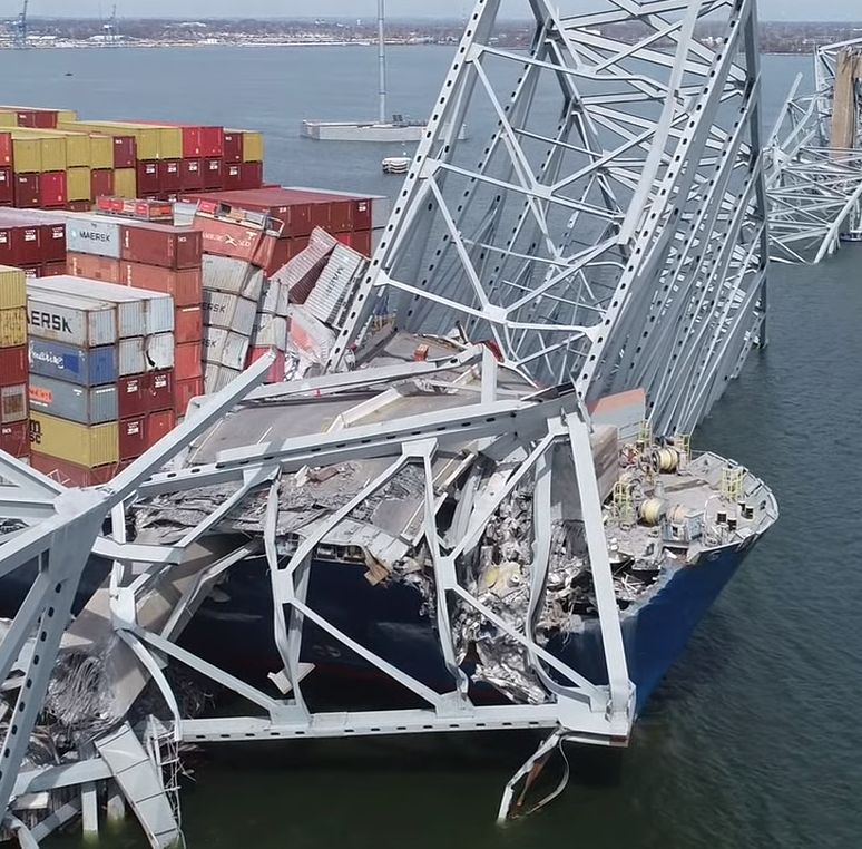 NTSB drone image of Francis Scott Key Bridge and Cargo Ship Dali via Wikipedia