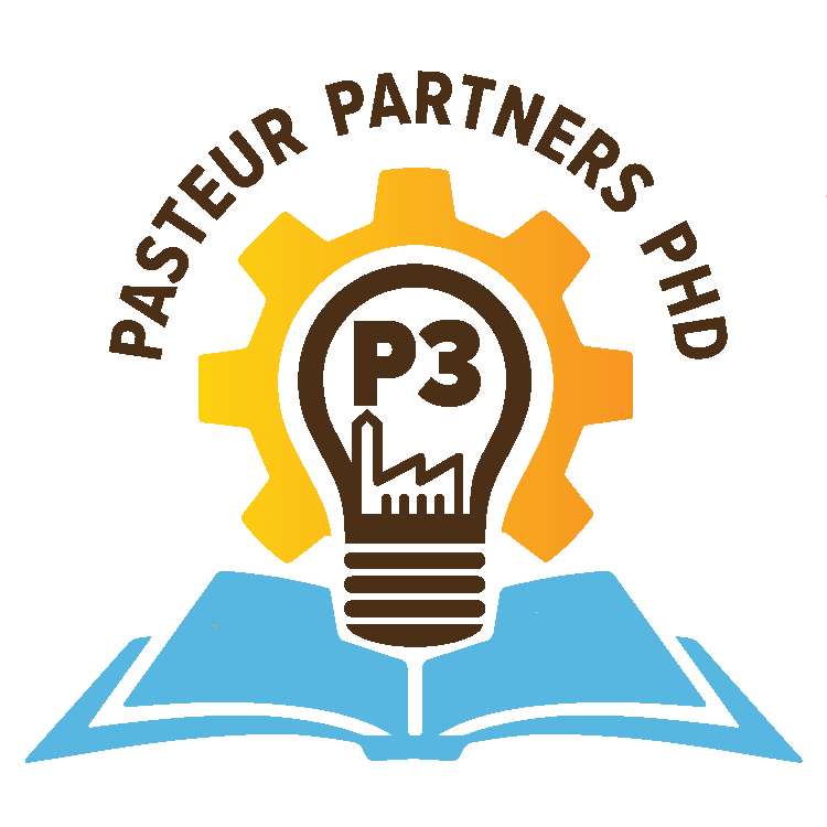 Pasteur Partners PhD P3 logo with open book, gear, lightbulb, and building icons