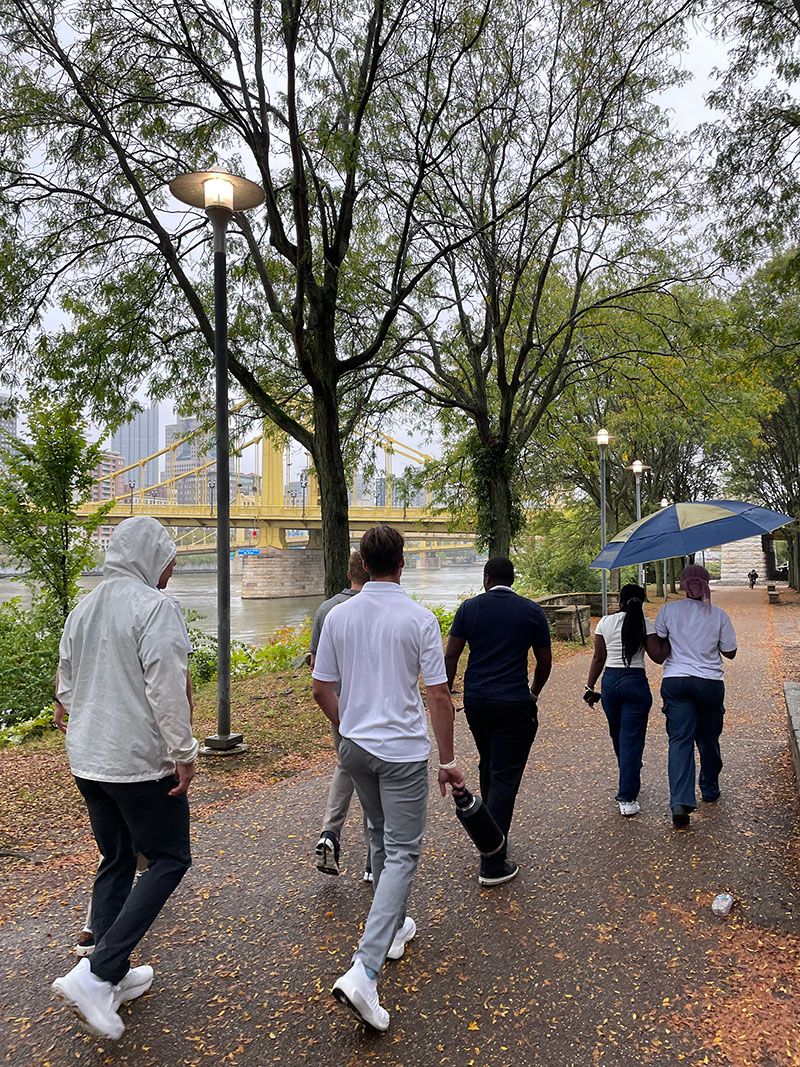 Students walk in the city