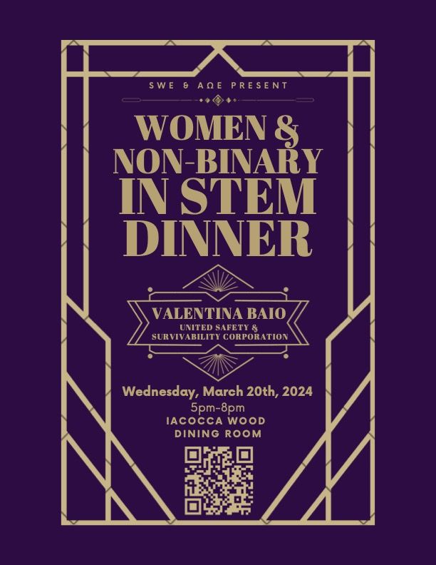 Purple and gold invitation to Women and Non-Binary in STEM Dinner