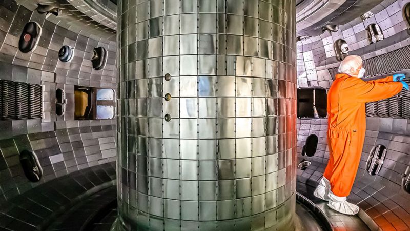 A worker inside the vessel at the DIII-D National Fusion Facility