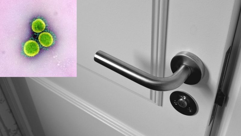 Inset: Novel Coronavirus SARS-CoV-2/NIAID; door handle: Jonathan Petersson/Pexels