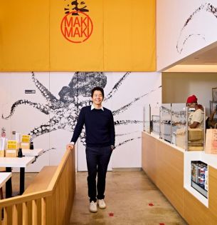 Kevin Takarada ’06G poses for a photo inside a MakiMaki Sushi—a cutting-edge sushi restaurant that stands out in Manhattan’s fast-paced environment. Credit: Rachel Vanni