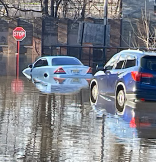 Passaic River flooding, with cars half submerged in water