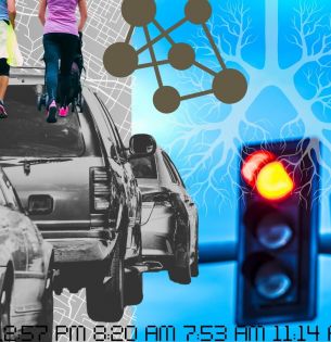 Collage photo illustration with car traffic, pedestrians, neural network, stoplights, lungs