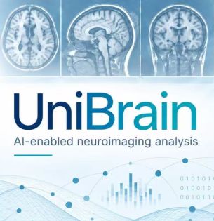 UniBrain graphic featuring a digital illustration of a brain with interconnected nodes, three MRI scans, and the text “AI-enabled neuroimaging analysis.”