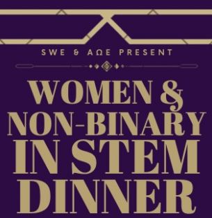 Purple and gold invitation to Women and Non-Binary in STEM Dinner