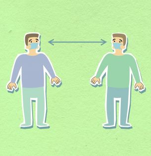 illustration of two men wearing face masks socially distanced from each other