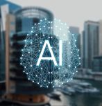 AI graphic overlaid on a blurred city skyline