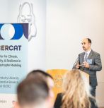 Paolo Bocchini, professor of civil and environmental engineering, addresses the crowd during a workshop on catastrophe modeling at Ben Franklin Technology Partners earlier this month.