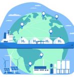 Conceptual illustration of using and transporting hydrogen for energy with globe, ship, hydrogen liquefaction plant, solar panels, wind turbines (credit: lyudinka/adobestock) 