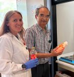 Aitana Tamayo (left) and Himanshu Jain (right) prepare to develop a new demonstration based on candy glass for pre-college students