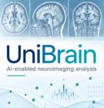 UniBrain graphic featuring a digital illustration of a brain with interconnected nodes, three MRI scans, and the text “AI-enabled neuroimaging analysis.”