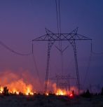 Wildfire behind power lines