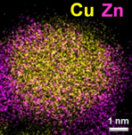 Scanning transmission electron microscopy images of catalysts metallic copper (yellow) and zinc oxide (pink/orange). In the image on the left, metallic Cu and Zn oxide are mostly present as separate particles after activation with H2. The image on the right shows Zn oxide decorating metallic Cu particles after “induced activation” with H2/CH3OH/H2O. (Images courtesy of Xuan Tang and Prof. Sheng Dai, East China University of Science and Technology)