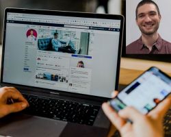laptop and phone on social media with headshot of Patrick Skeba